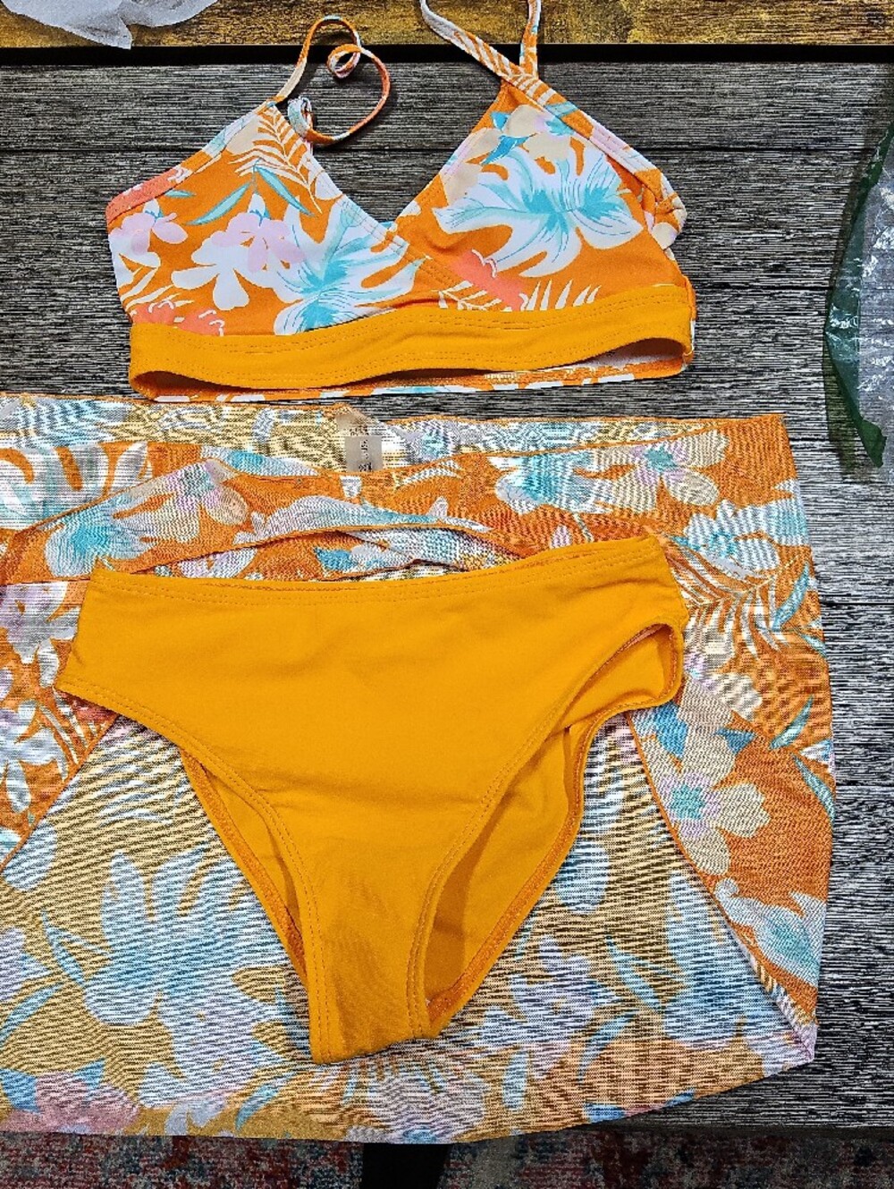 New Girls Size 11/12 Orange Floral Bikini Set with Sarong - Kids Swim - Picture 6 of 6